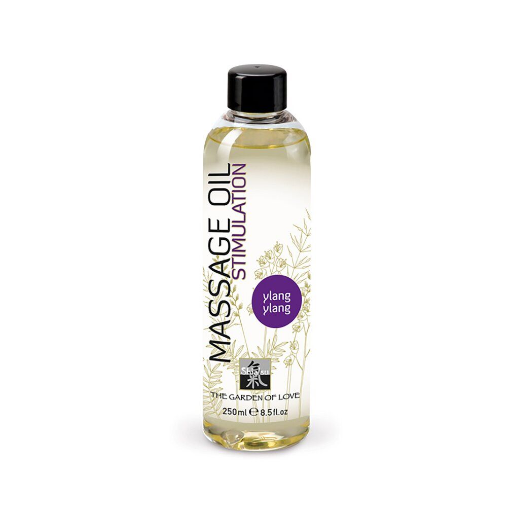 Massageöl-Flasche mit Etikett, das stilisierte Pflanzen und den Schriftzug 'Ylang Ylang' zeigt.