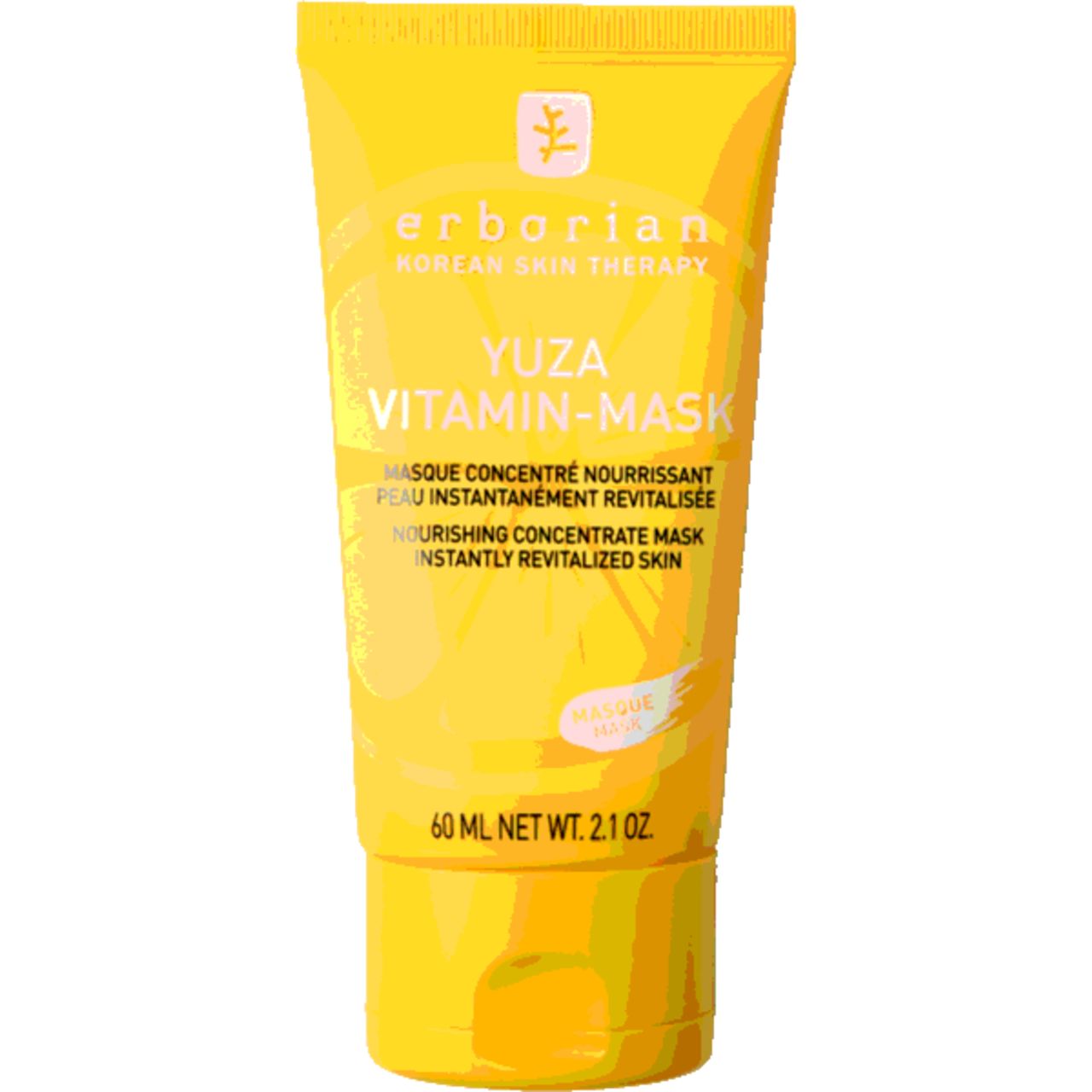 Gelbe Tube mit Produktnamen und Logo. Text: Yuza Vitamin-Mask, 60 ml. Erborian Korean Skin Therapy.