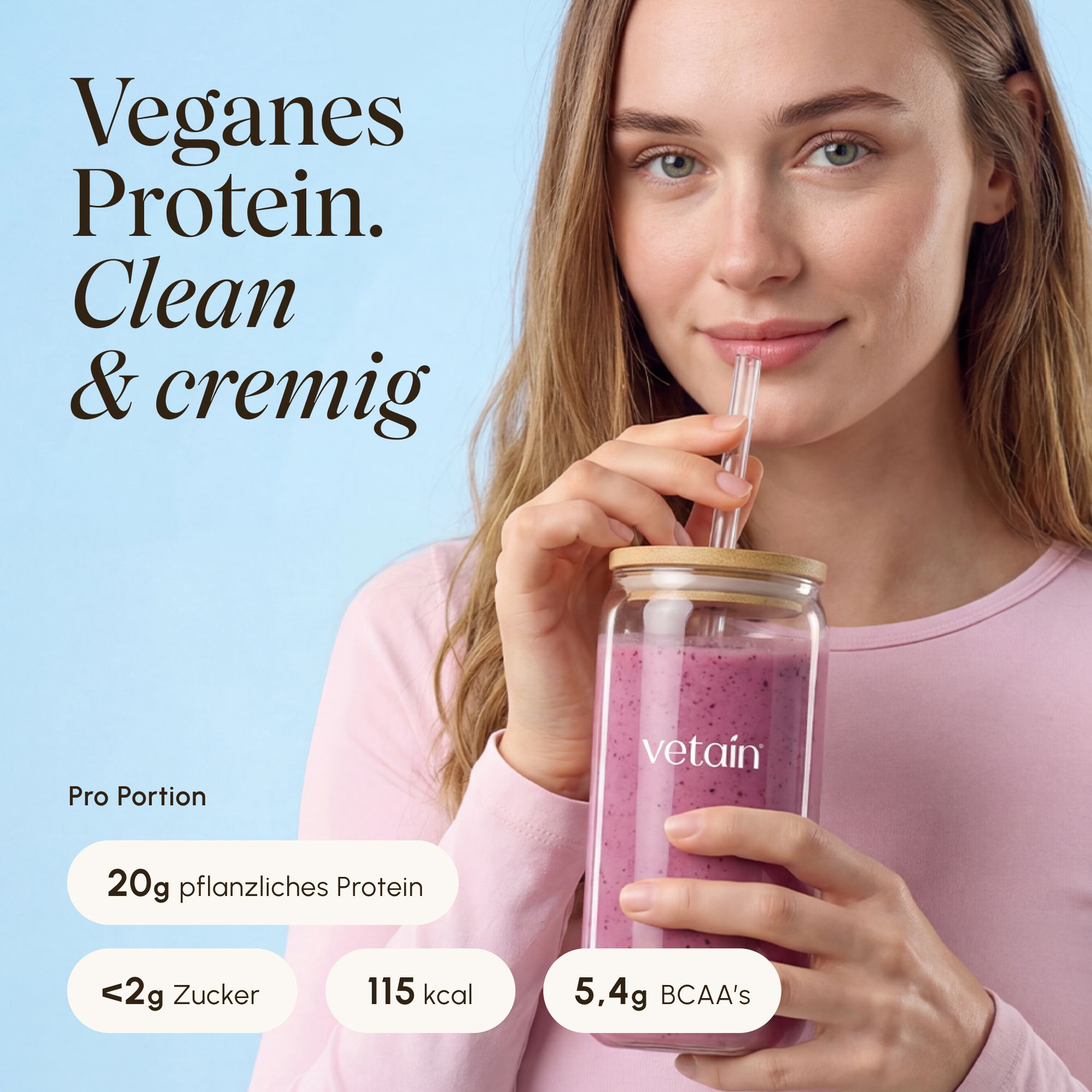 Vergleich Vetain Vegan Protein mit anderen Marken: Fermentiert, mit Mönchsfrucht gesüßt, extra cremig.
