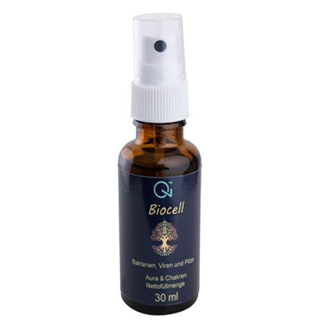 Braune Glasflasche mit Sprühkopf. Aufschrift: Biocell, Bakterien, Viren und Pilze, Aura & Chakren, 30 ml.