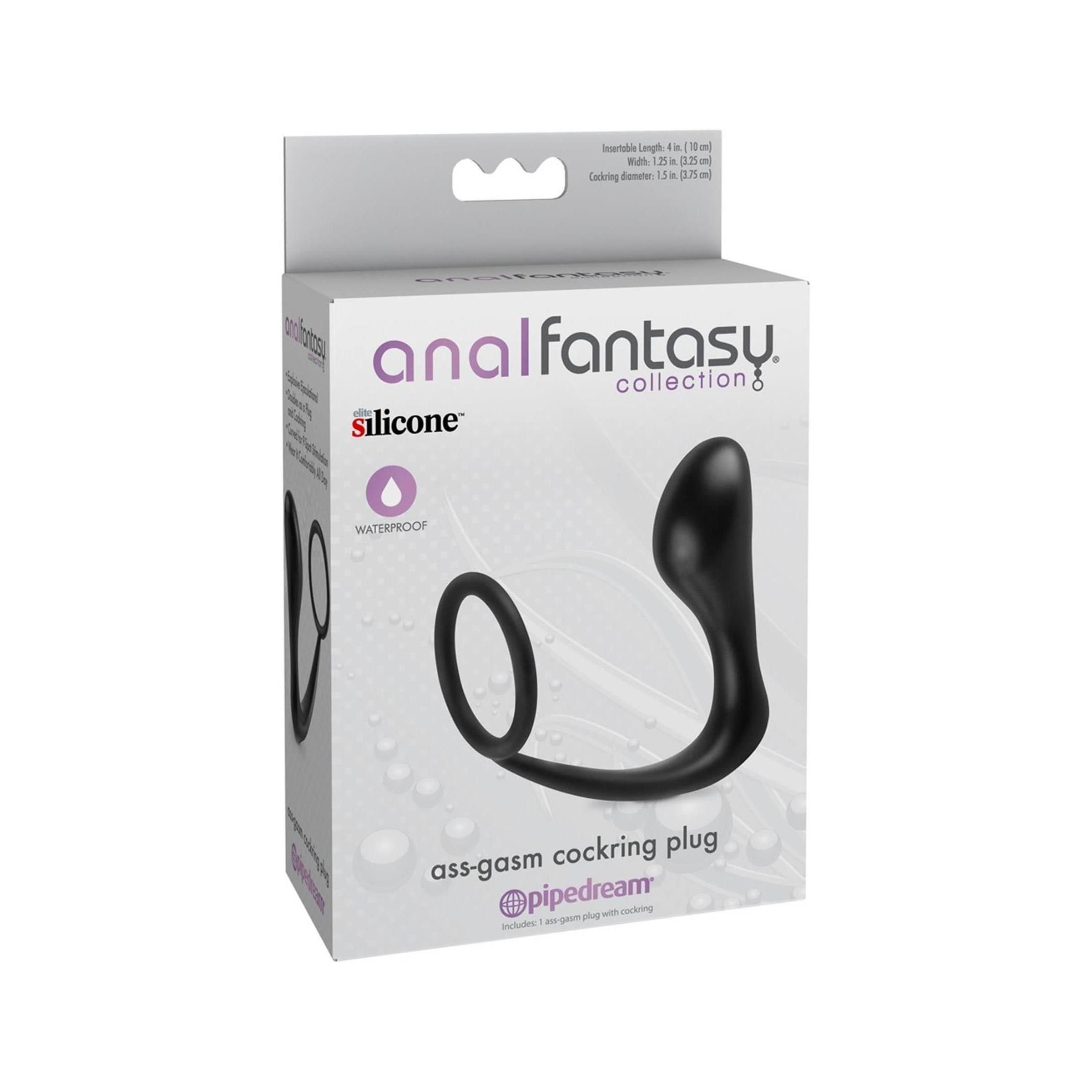 Verpackung von Anal Fantasy Collection. Enthält ein schwarzes Cockring-Plug. Auf der Verpackung steht 'silicone' und 'waterproof'.