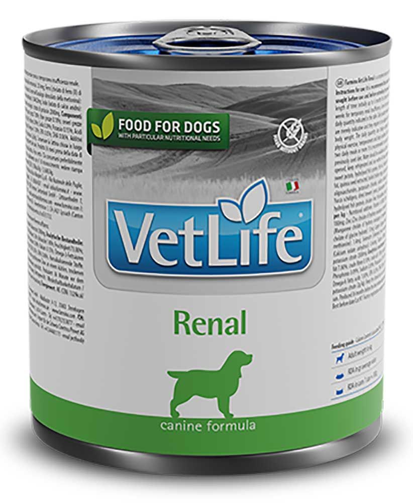 Hundefutterdose VetLife Renal. Grün-weißes Etikett mit Logo, Text und Hunde-Silhouette. "Food for Dogs" und "canine formula" sichtbar.