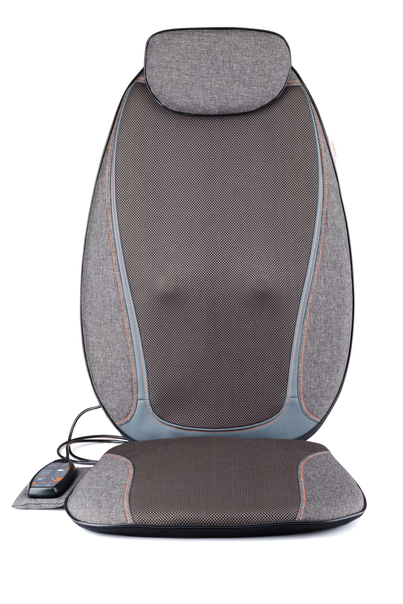 Grau-schwarze Shiatsu-Massagematte mit Kopfstütze und Sitzfläche. Mit Bedienfeld und Kabel. Mesh-Gewebe und graue Stoffe.