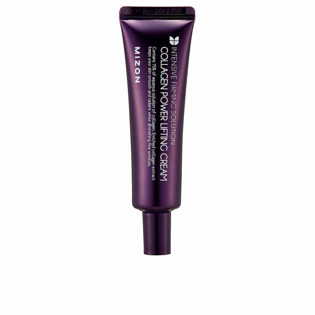 Lila Tube MIZON Collagen Power Lifting Cream. Text: Intensive Firming Solution, Collagen Power Lifting Cream.