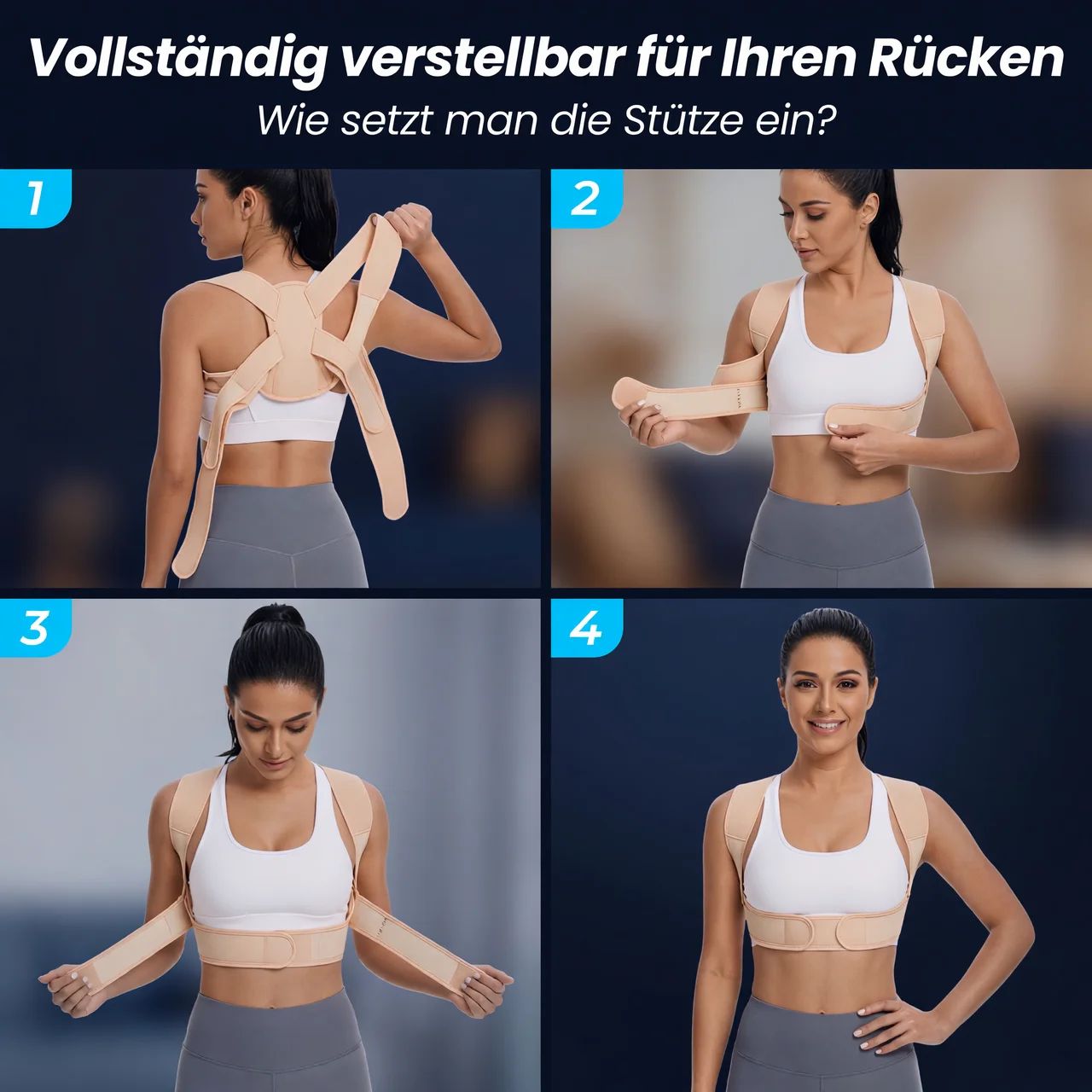 Vier Bilder, die die Anwendung der Rückenbandage zeigen. Text: Vollständig einstellbar.