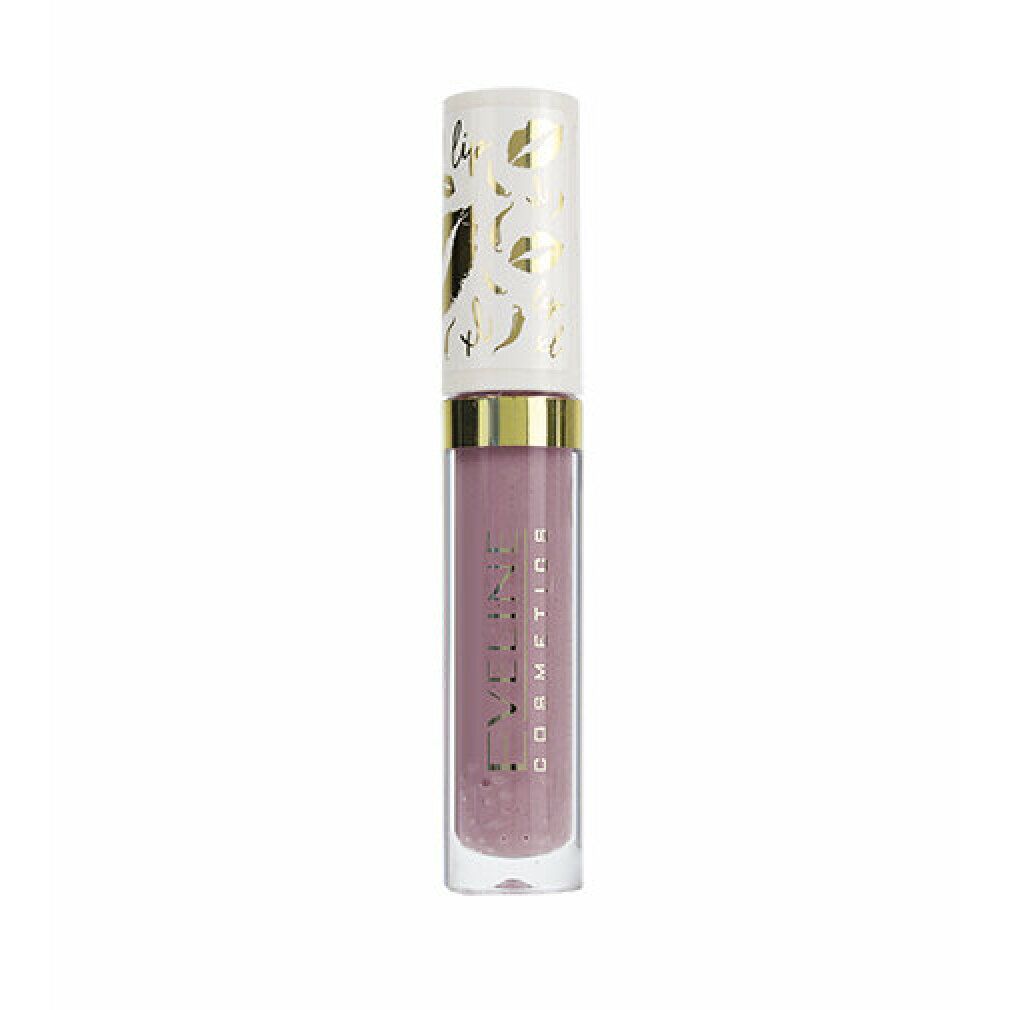 Lipgloss-Tube mit weißem Deckel und goldenen Akzenten. Der transparente Behälter zeigt den Inhalt in einem rosa Farbton. Aufschrift: Eveline Cosmetics.