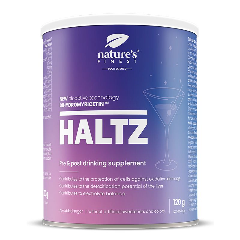 Zylinderdose mit Produkt HALTZ. Aufschrift: NEW bioactive technology, HALTZ, Pre & post drinking supplement. 120 g, 12 servings.
