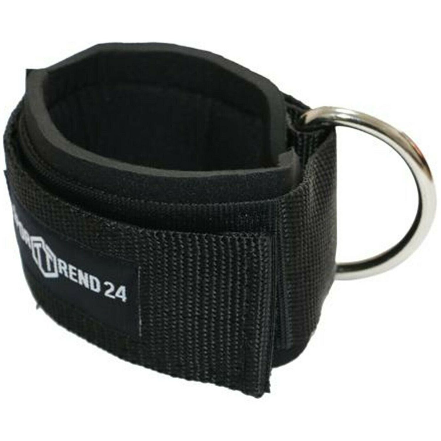 Schwarze Fußschlaufe mit Metallring und Klettverschluss. Logo 'Sporttrend24' sichtbar.