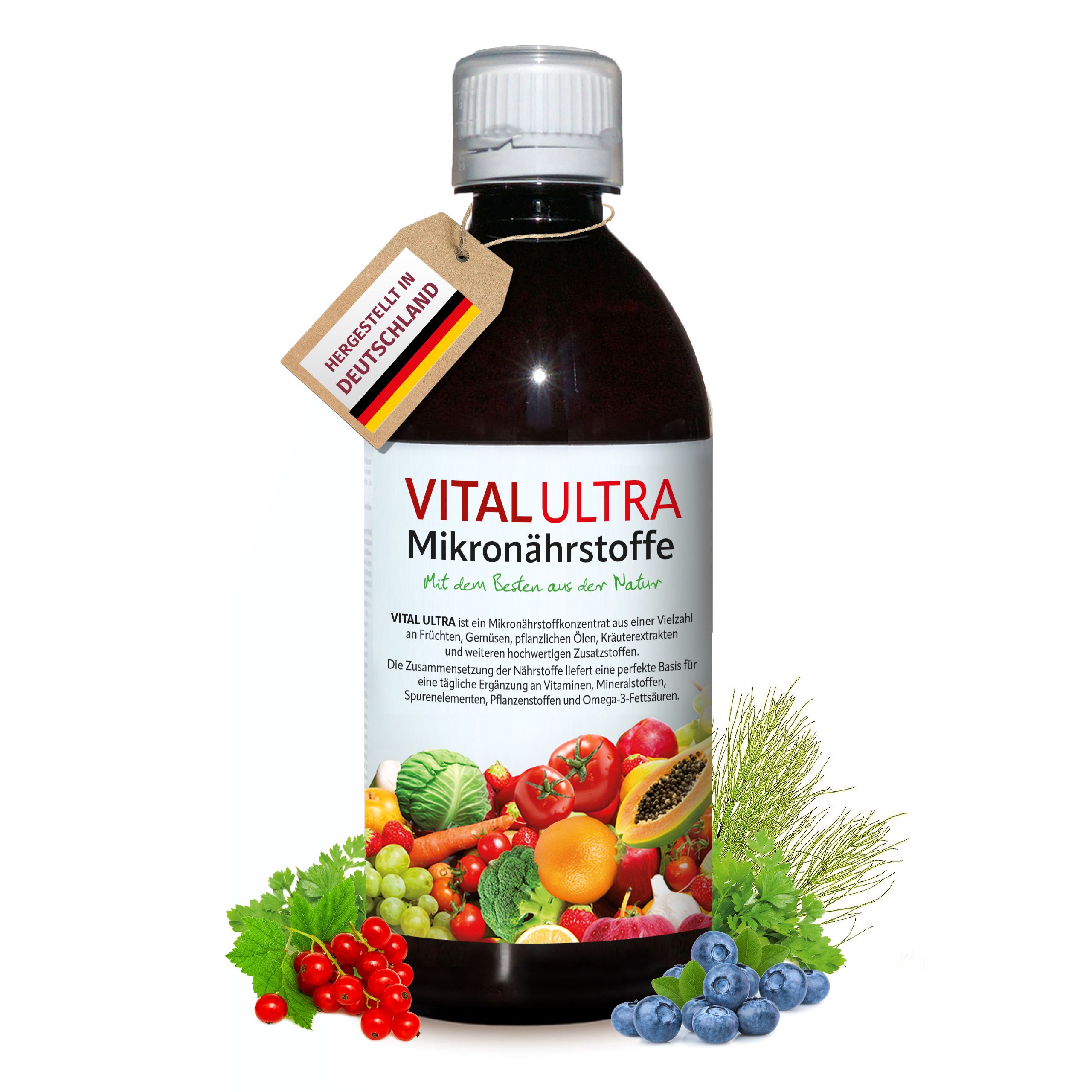 Braune Flasche mit VITAL ULTRA-Etikett, Anhänger mit Deutschlandflagge. Obst und Gemüse umgeben die Flasche.