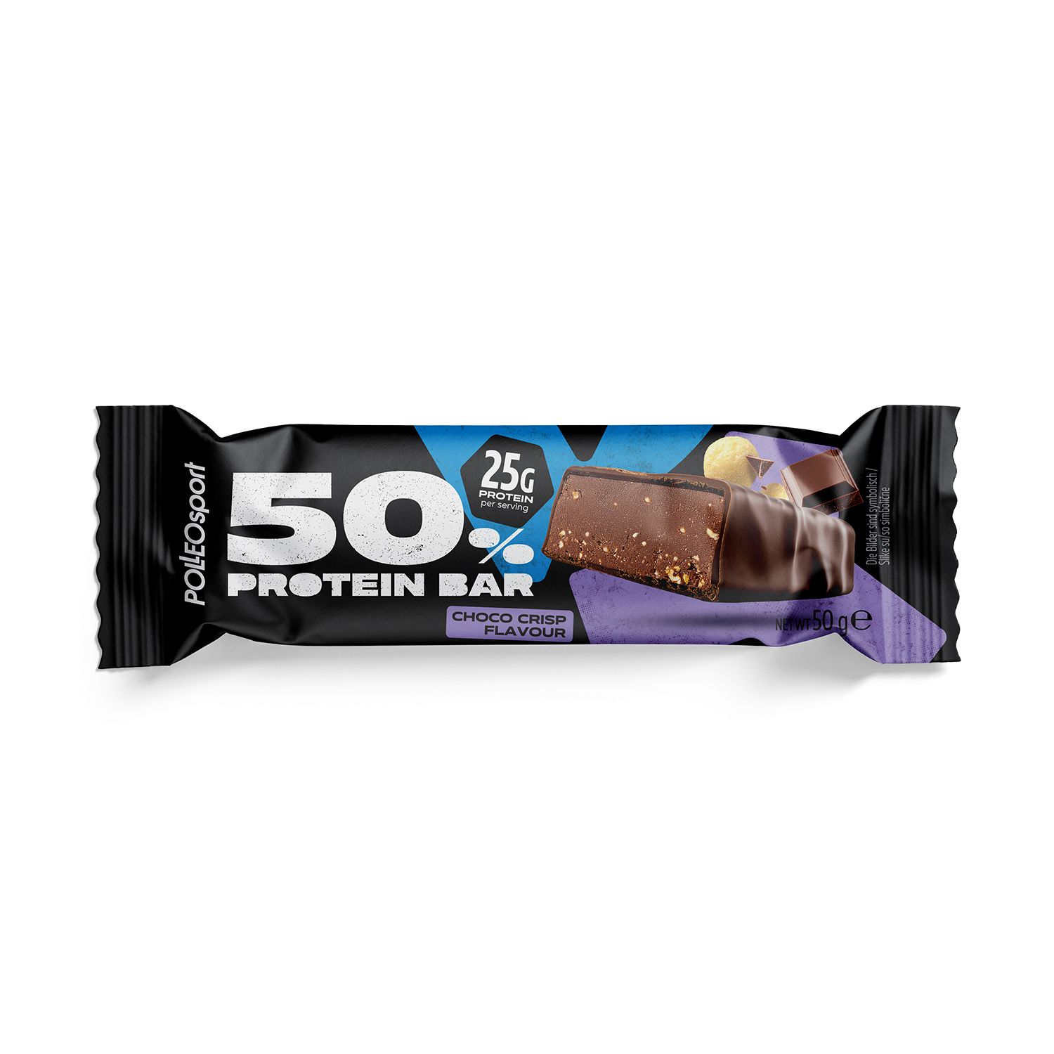 Polleo Sport 50% Protein Bar, Choco Crisp Flavour. Schwarze Verpackung mit Produktabbildung und Text. 25g Protein.