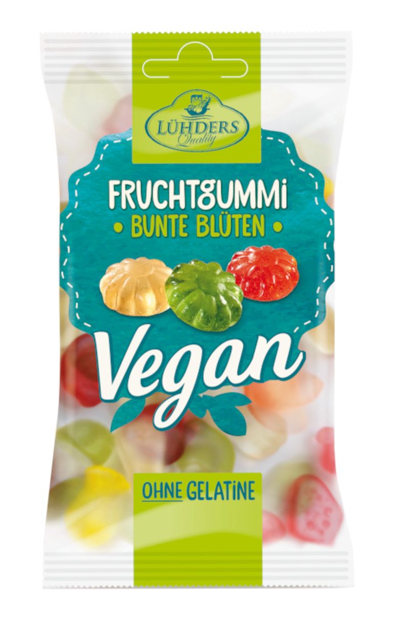 Beutel bunte Blüten-Fruchtgummis, vegan. Logo und Schriftzug auf der Verpackung. Einzelne Gummis sichtbar.