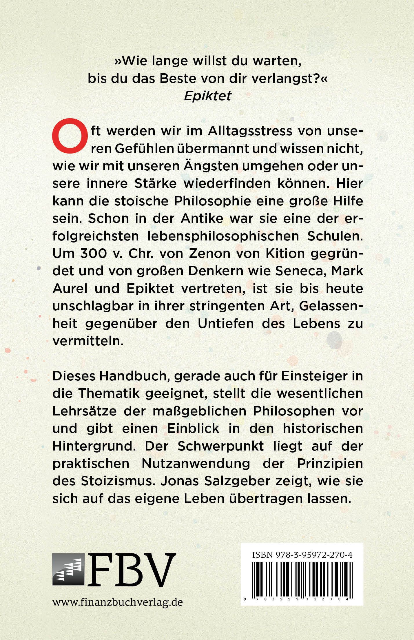 Buchrückseite: Text über Stoizismus. Zitat von Epiktet. Verlag: FinanzBuch Verlag. ISBN-Code.