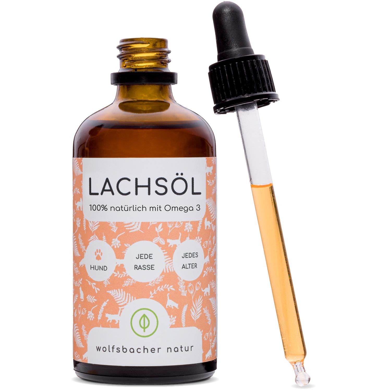 Braune Glasflasche mit Etikett und Pipette. Aufschrift: Lachsöl, 100% natürlich mit Omega 3. Pipette mit gelber Flüssigkeit.
