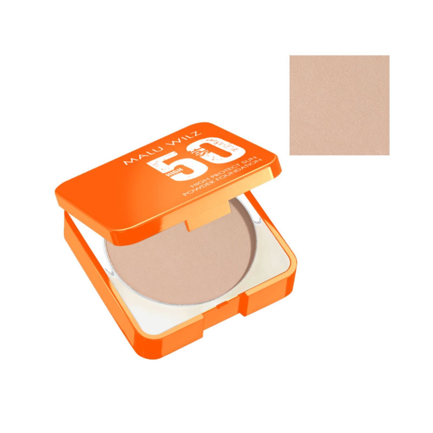 Kompaktpuder mit geöffneter, orangefarbener Hülle. Aufschrift 'MALU WILZ 50'. Beige Puder-Foundation.