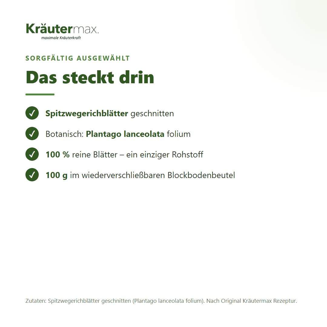 Inhalt Kräutermax Spitzwegerich Tee: geschnittene Blätter, 100g im Blockbodenbeutel.