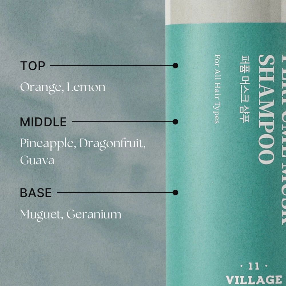 Nahaufnahme des Shampoo-Etiketts. Enthält Text über Duftnoten: Orange, Zitrone, Ananas, Drachenfrucht, Guave, Maiglöckchen, Geranie.