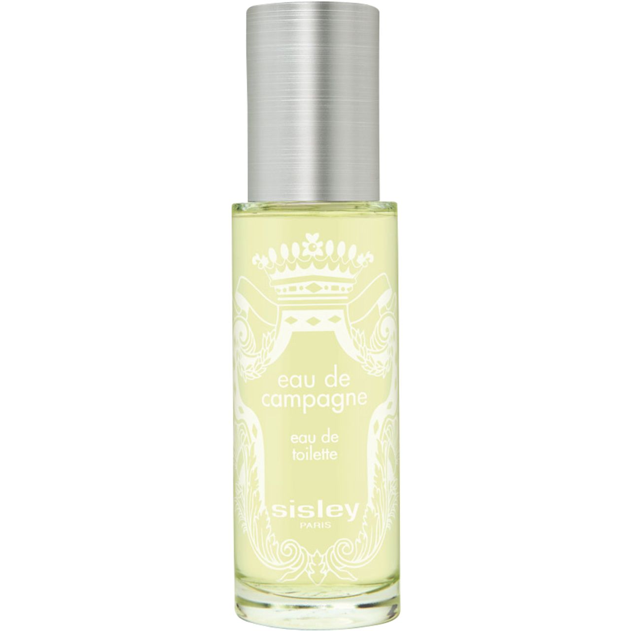 Parfümflakon mit silbernem Deckel. Aufschrift: Eau de Campagne, Eau de Toilette, Sisley Paris.
