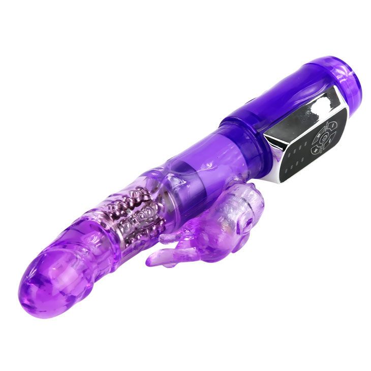 Lila Vibrator mit Bedienfeld und Kaninchenohren-Design. Transparente Elemente und silbernes Bedienfeld.