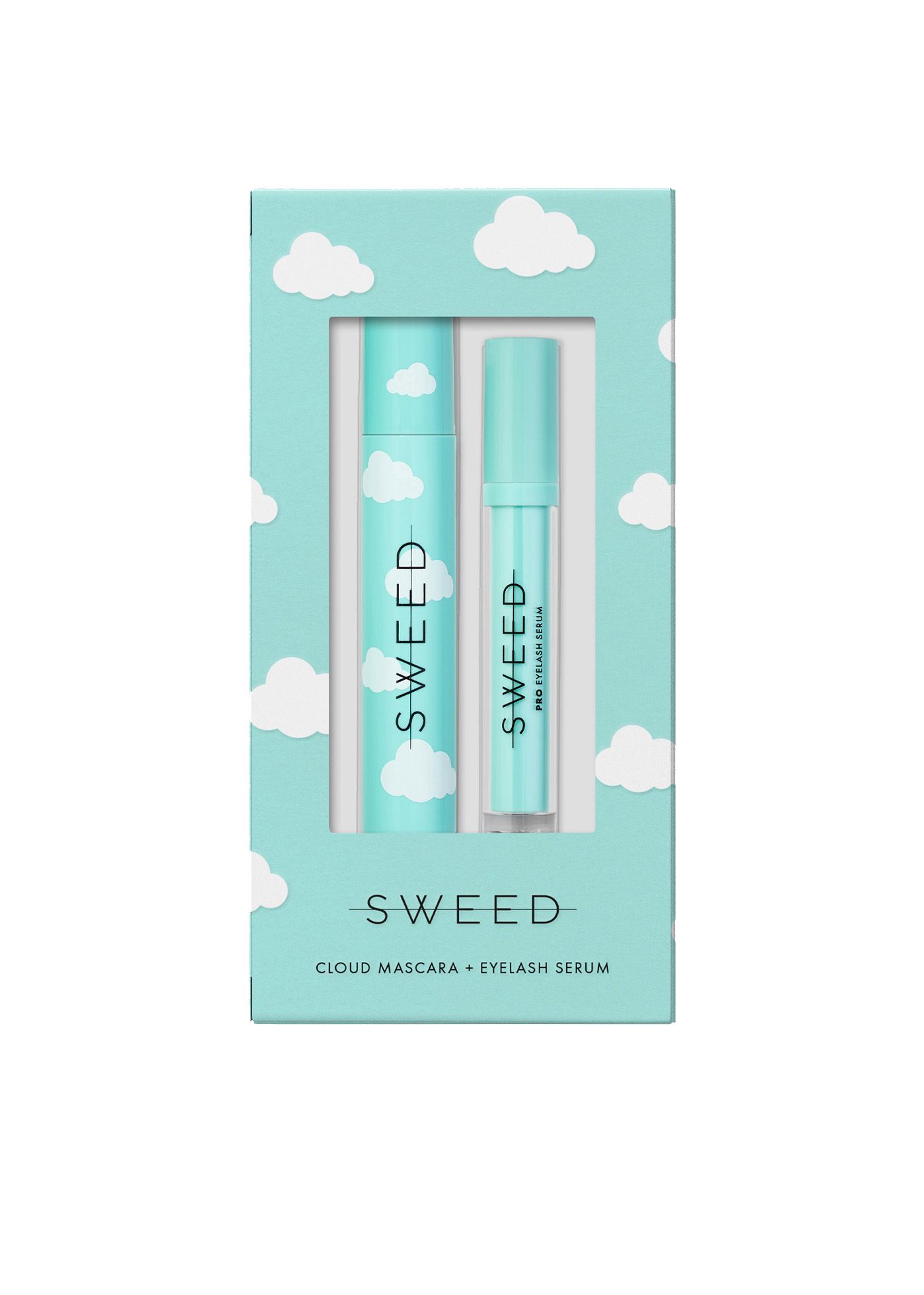 Sweed Cloud Mascara und Eyelash Serum im Set. Hellblaue Verpackung mit Wolkenmotiv.