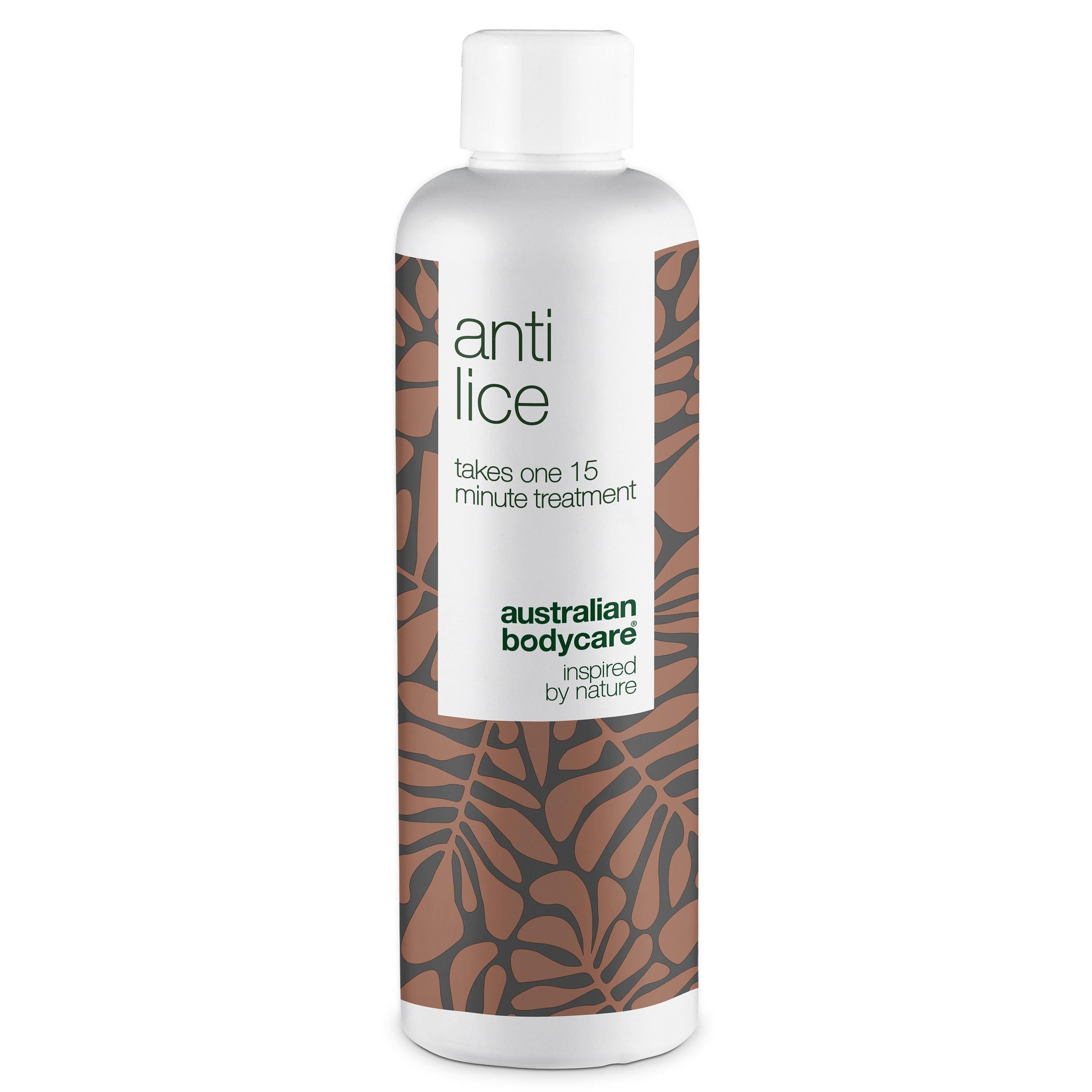 Weiße Flasche mit braunem Muster und Aufschrift "anti lice". Marke: Australian Bodycare.