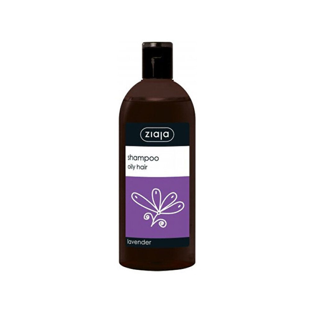 Ziaja Lavanda Shampoo für fettiges Haar. Braune Flasche mit schwarzem Verschluss und lila Etikett mit Lavendelmotiv.