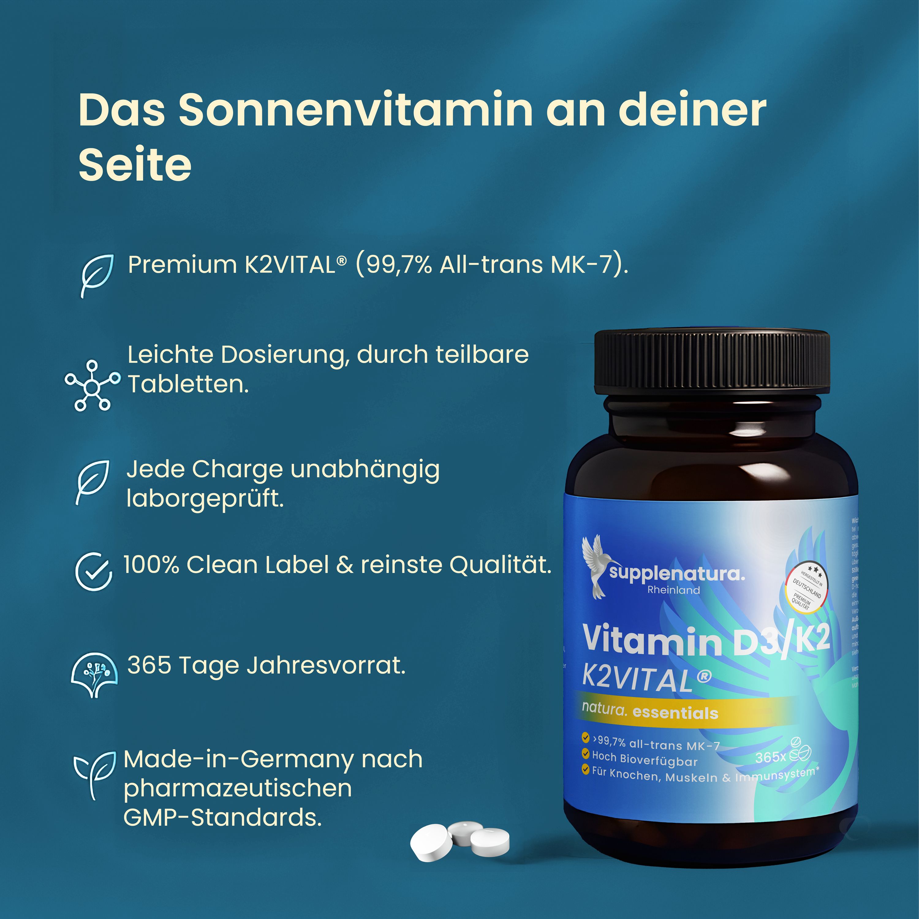 supplenatura® - Vitamin D3 K2 hochdosiert - Premium K2VITAL® - 2.500 IE Vitamin D3- Jahresvorrat