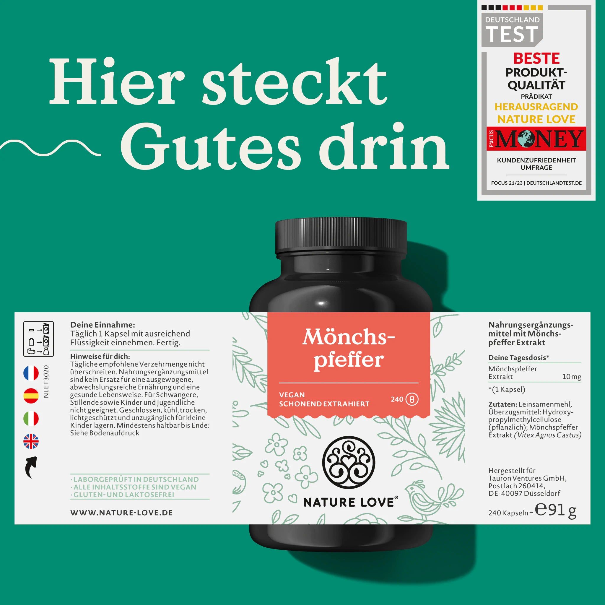 Dunkle Flasche mit rotem Etikett. Aufschrift: Mönchspfeffer, NATURE LOVE®. Vegan, schonend extrahiert. 240 Kapseln. Mit Auszeichnung.