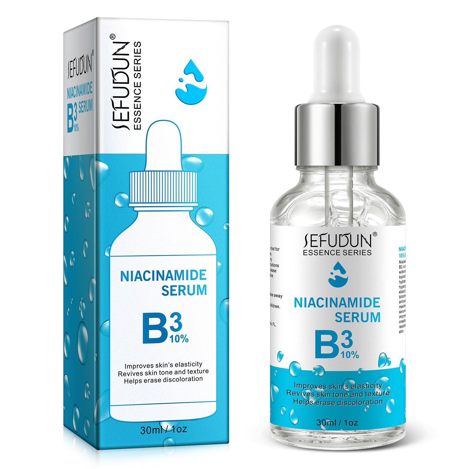 Produktverpackung und Serumflasche. Aufschrift: Niacinamid Serum B3 10%. Verbessert die Hautelastizität, Revitalisiert Hautton und Textur.