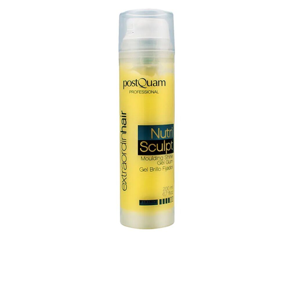 Gel-Flakon NUTRI-SCULPT, gelb, mit Sprühkopf. Aufschrift: Postquam, Nutri Sculpt, Gel Brillo Fijador.
