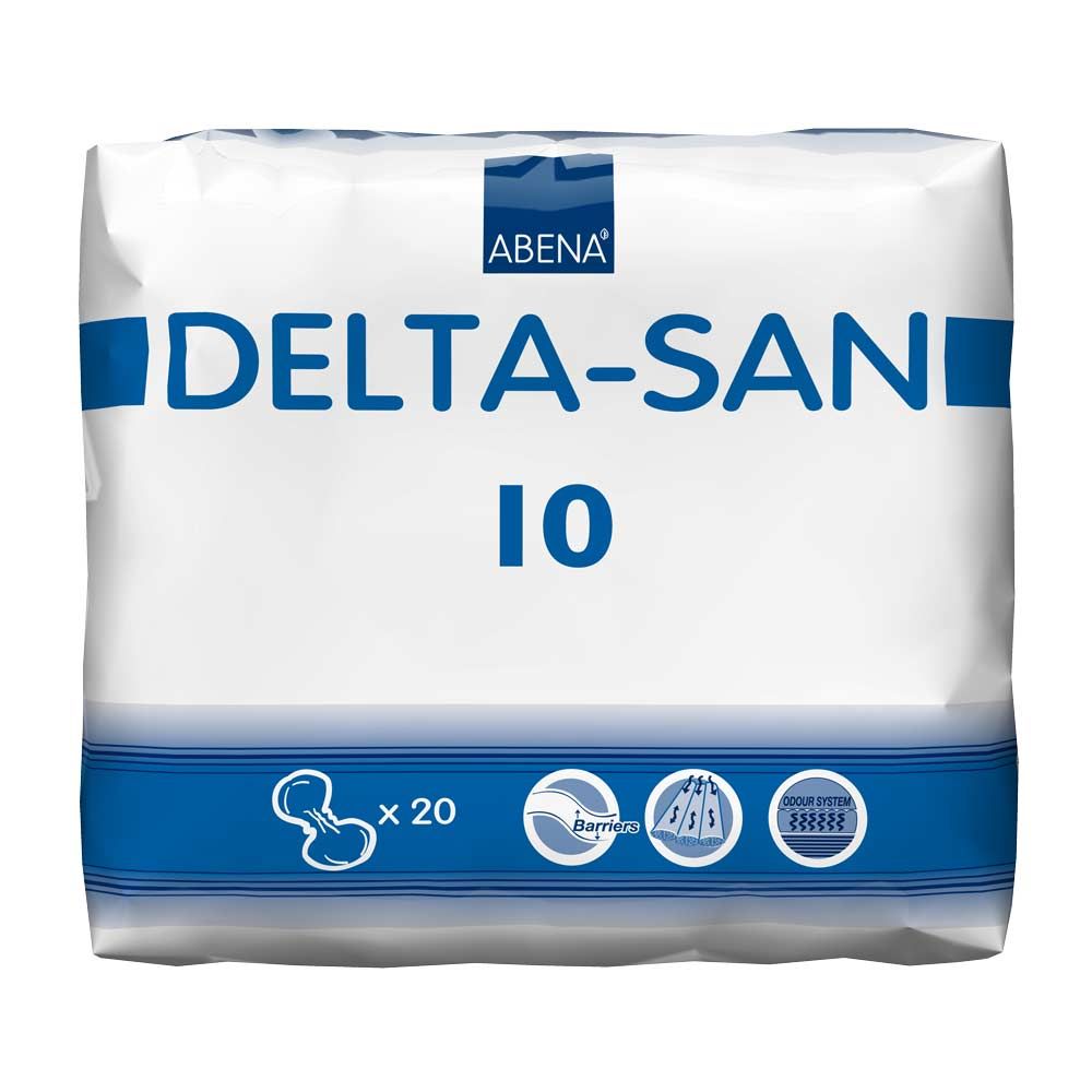 Abena Delta-San 10 blau. Weiße Verpackung mit blauem Schriftzug und Logo. Enthält 20 Stück. Mit Barrieren-Symbol.