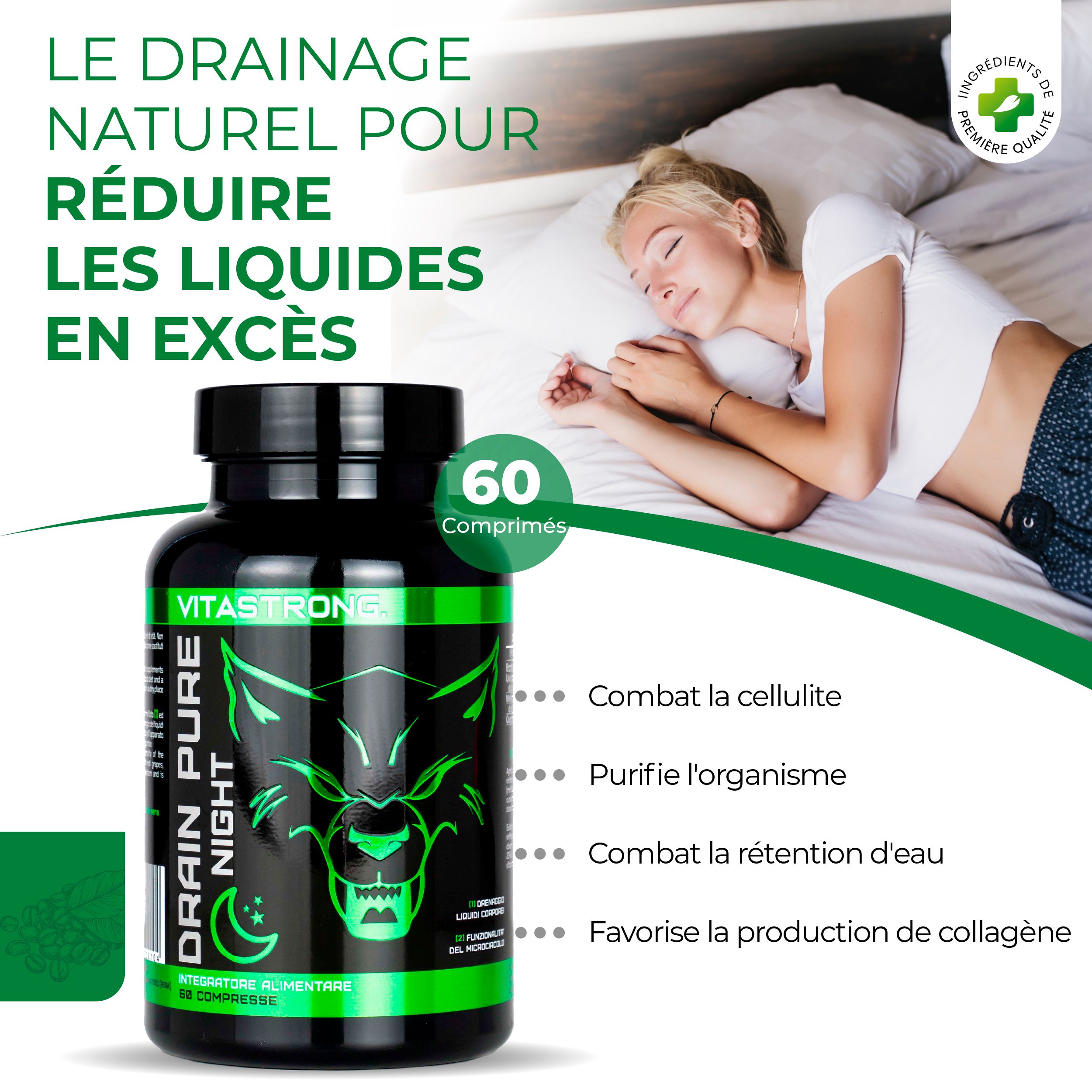 Flacon de produit à côté d'une femme endormie. Texte: VITASTORNG, DRAIN PURE NIGHT, 60 comprimés. Design vert et noir.