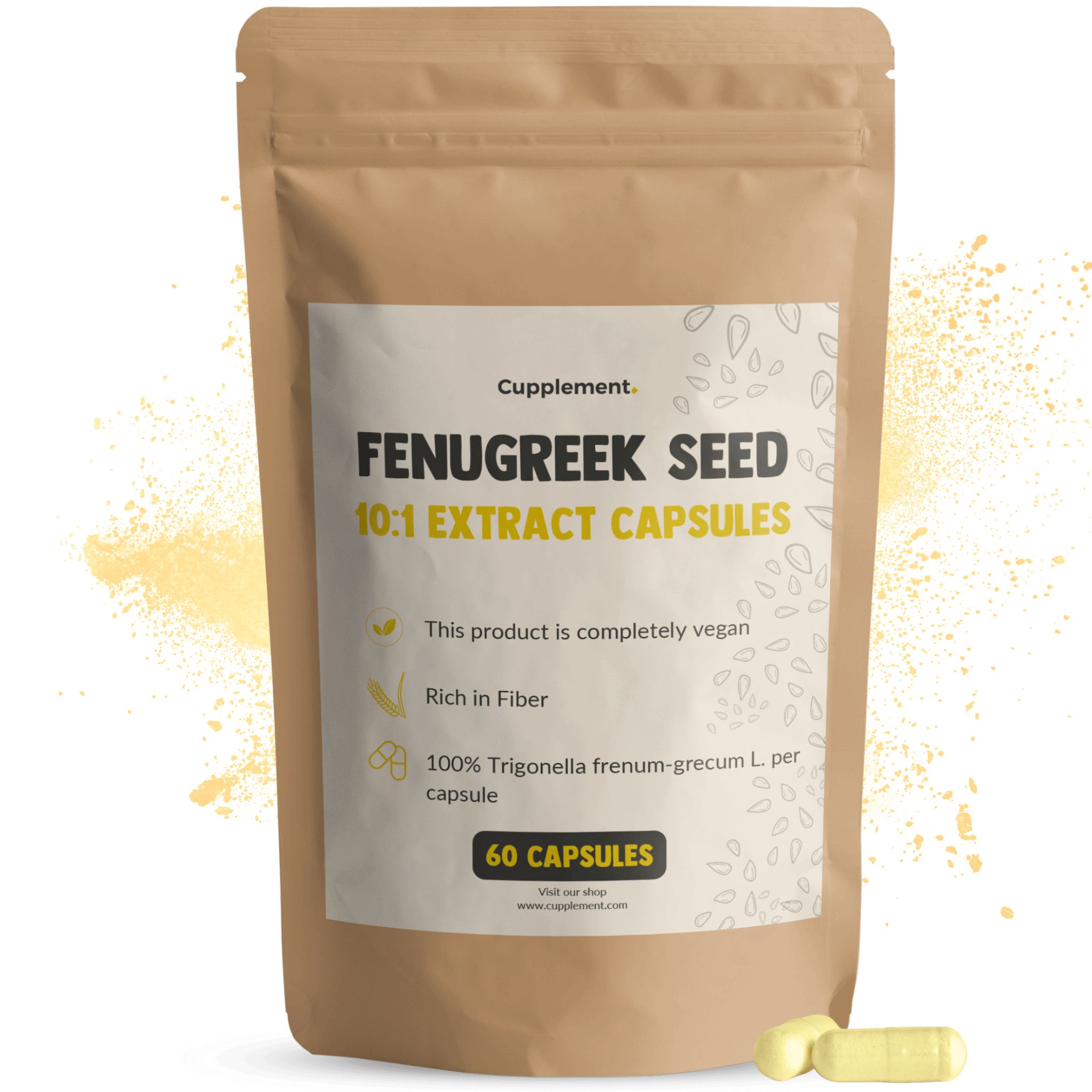 Beutel mit Kapseln. Aufschrift: FENUGREEK SEED 10:1 EXTRACT CAPSULES. 60 Kapseln. Vegan.
