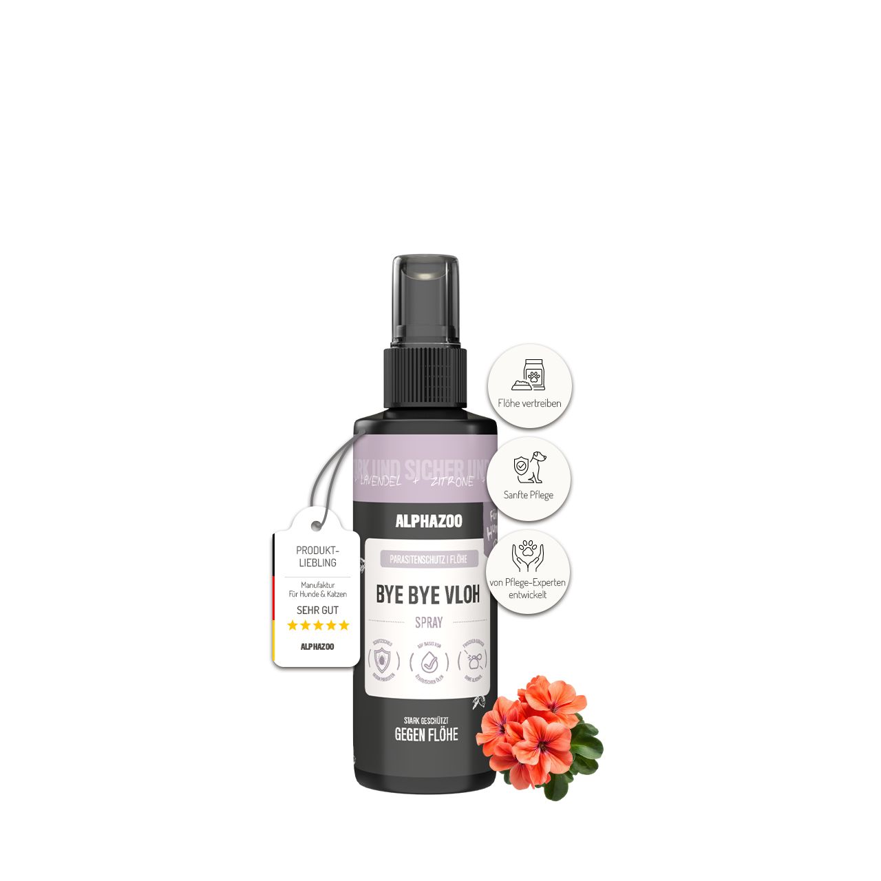 Sprayflasche mit Aufschrift Bye Bye Vloh. Anhänger mit Produktbewertung. Rote Blume.