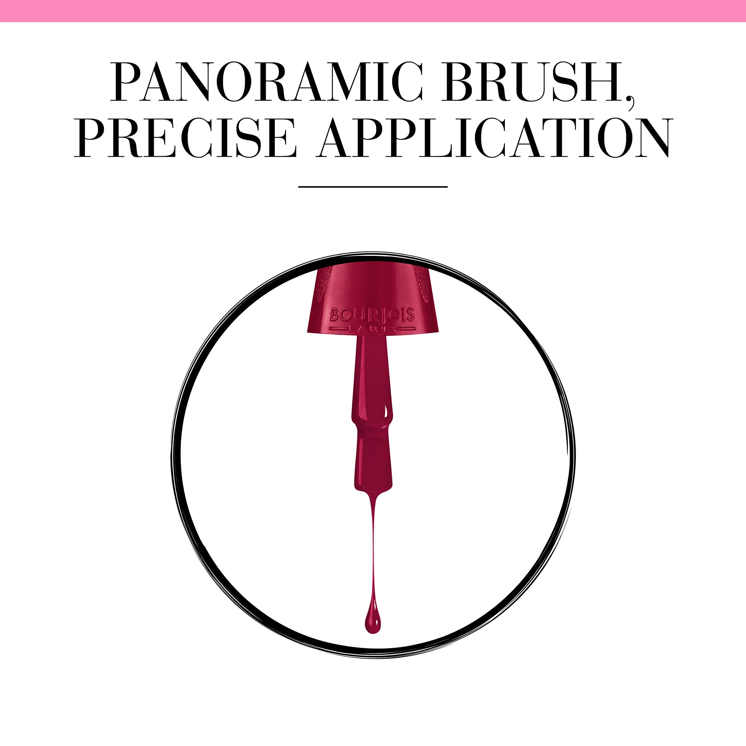 Nahaufnahme des Nagellackpinsels. Text: Panoramic brush, precise application.