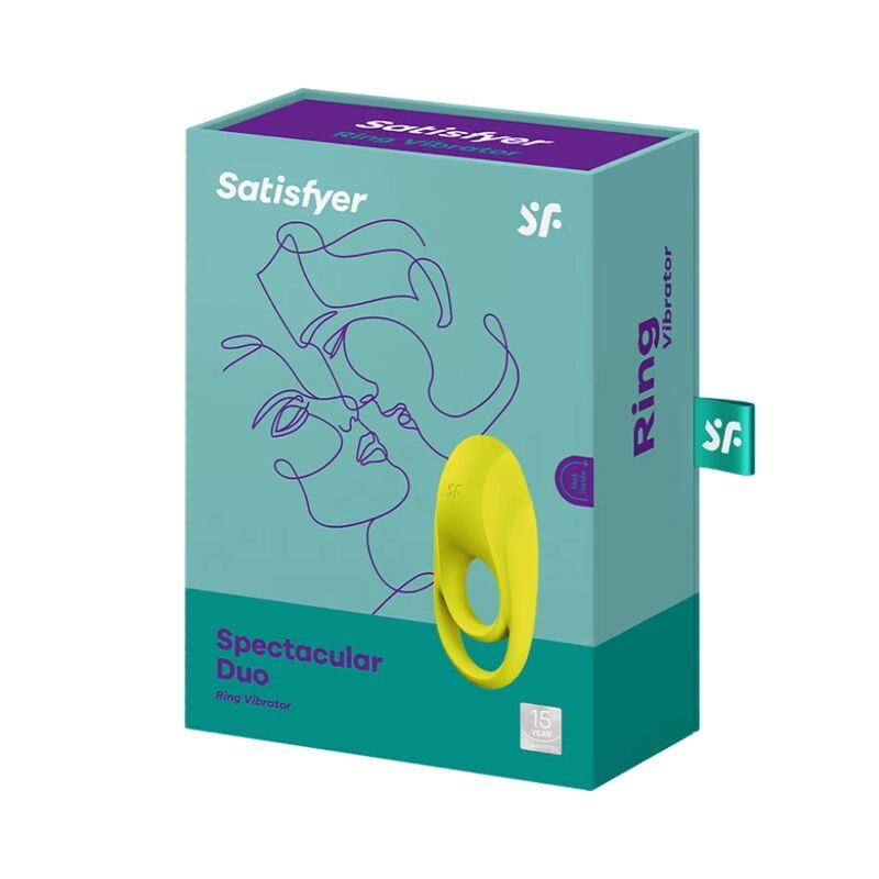 Verpackung von Satisfyer. Produkt: Spectacular Duo Ring Vibrator. Illustration von Gesichtern. Grün-Türkis-Design.