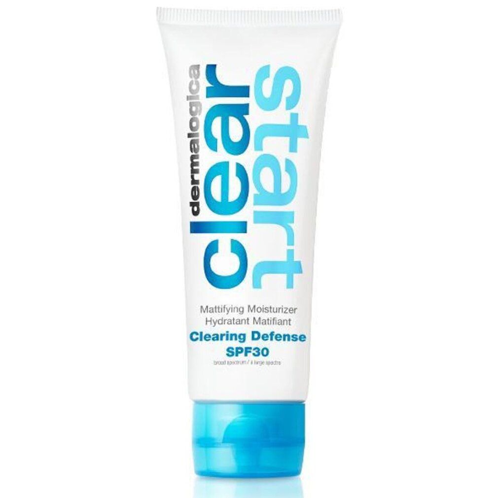 Tubo bianco con tappo blu. Scritta: Clear Start, Dermalogica. Nome prodotto: Clearing Defense SPF30. Contiene 59 ml.