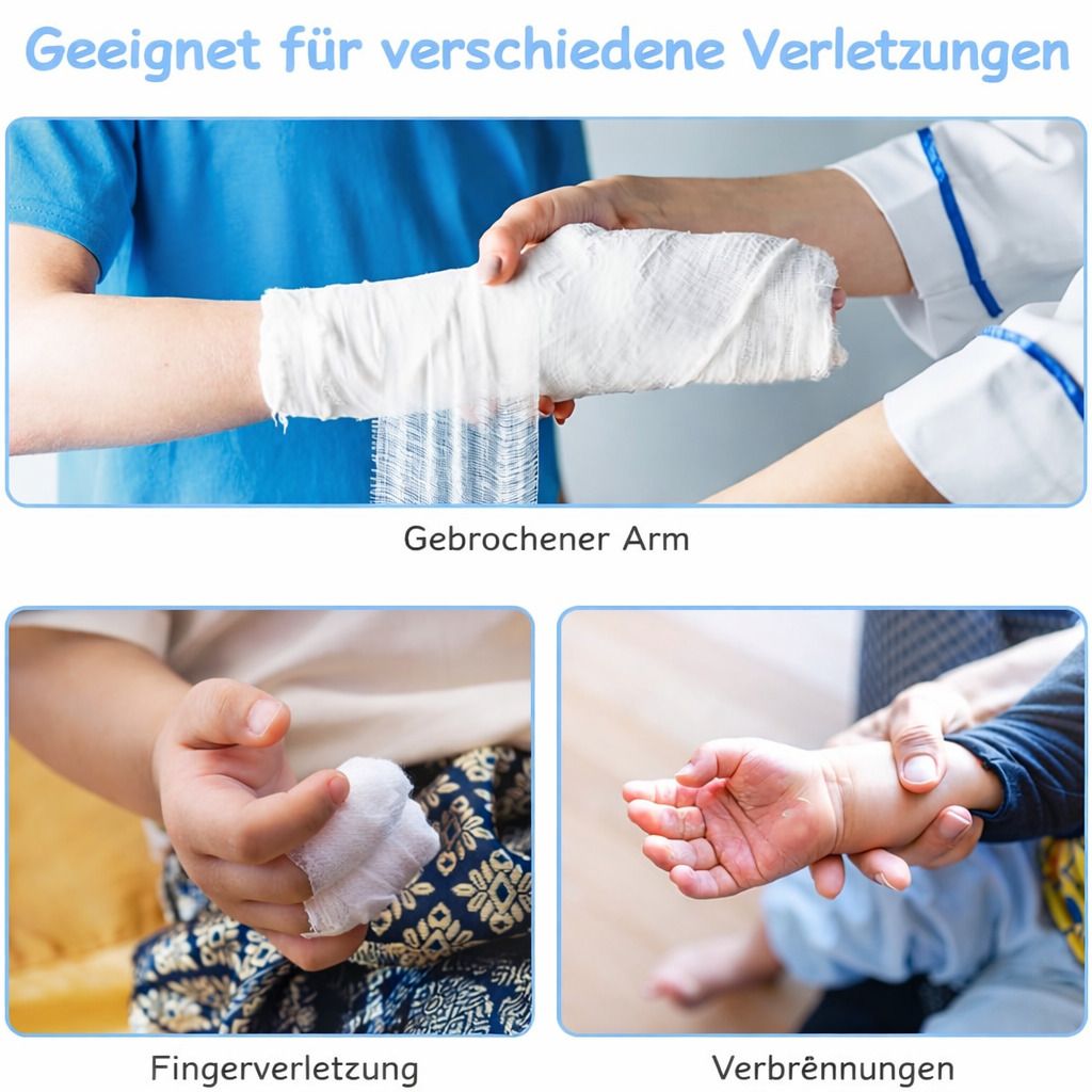 Illustrationen für verschiedene Verletzungen. Gebrochener Arm, Fingerverletzung, Verbrennungen. Schutzhülle auf Arm mit Verband.