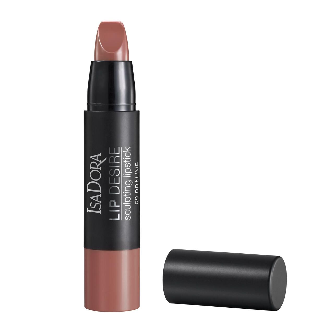 IsaDora Lip Desire Sculpting Lipstick. Schwarzer Stift mit braunem Lippenstift, Kappe daneben. Produktname und Marke sichtbar.