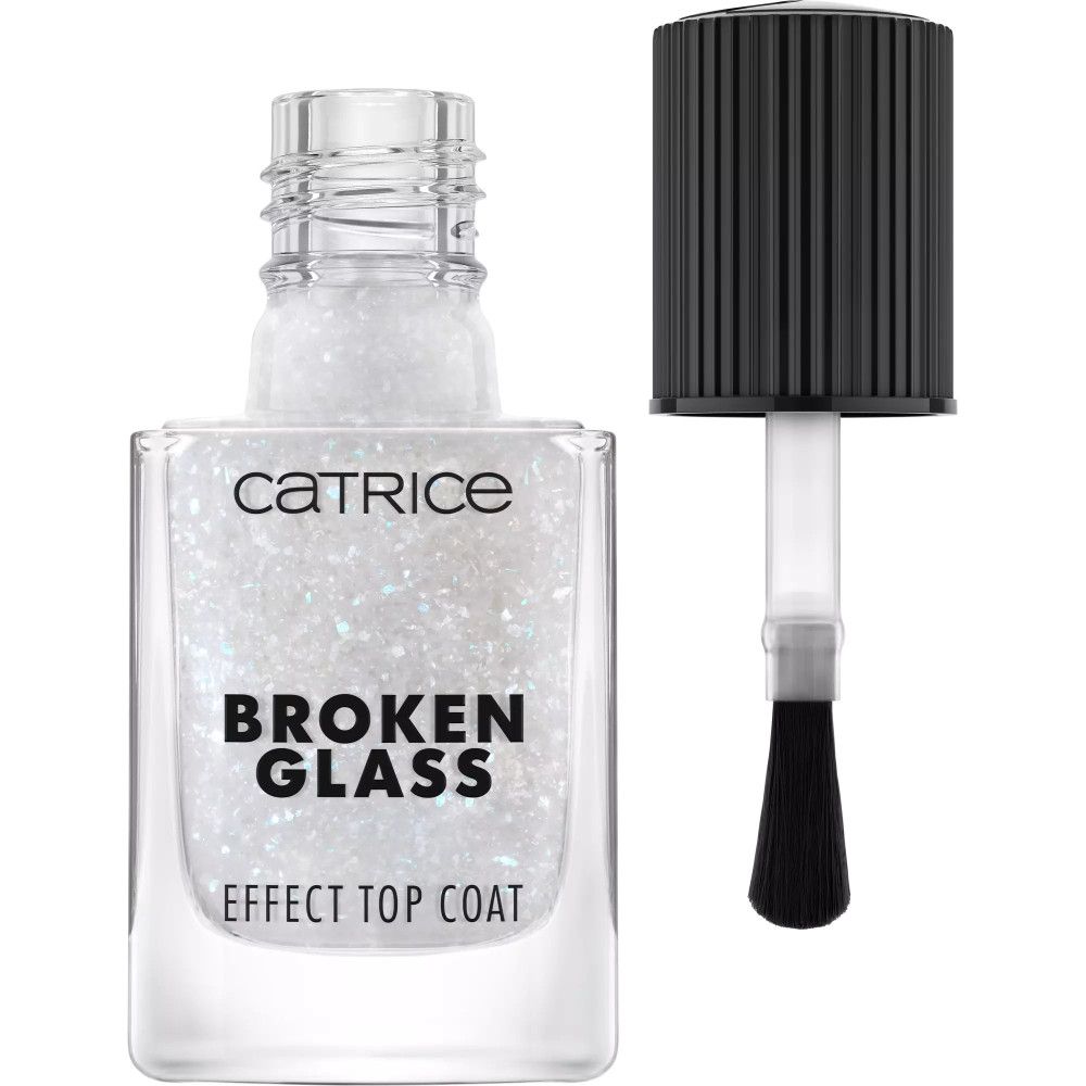 Nagellackflasche mit Pinsel. Aufschrift: Catrice, Broken Glass, Effect Top Coat. Klare Flüssigkeit mit Glitzer.