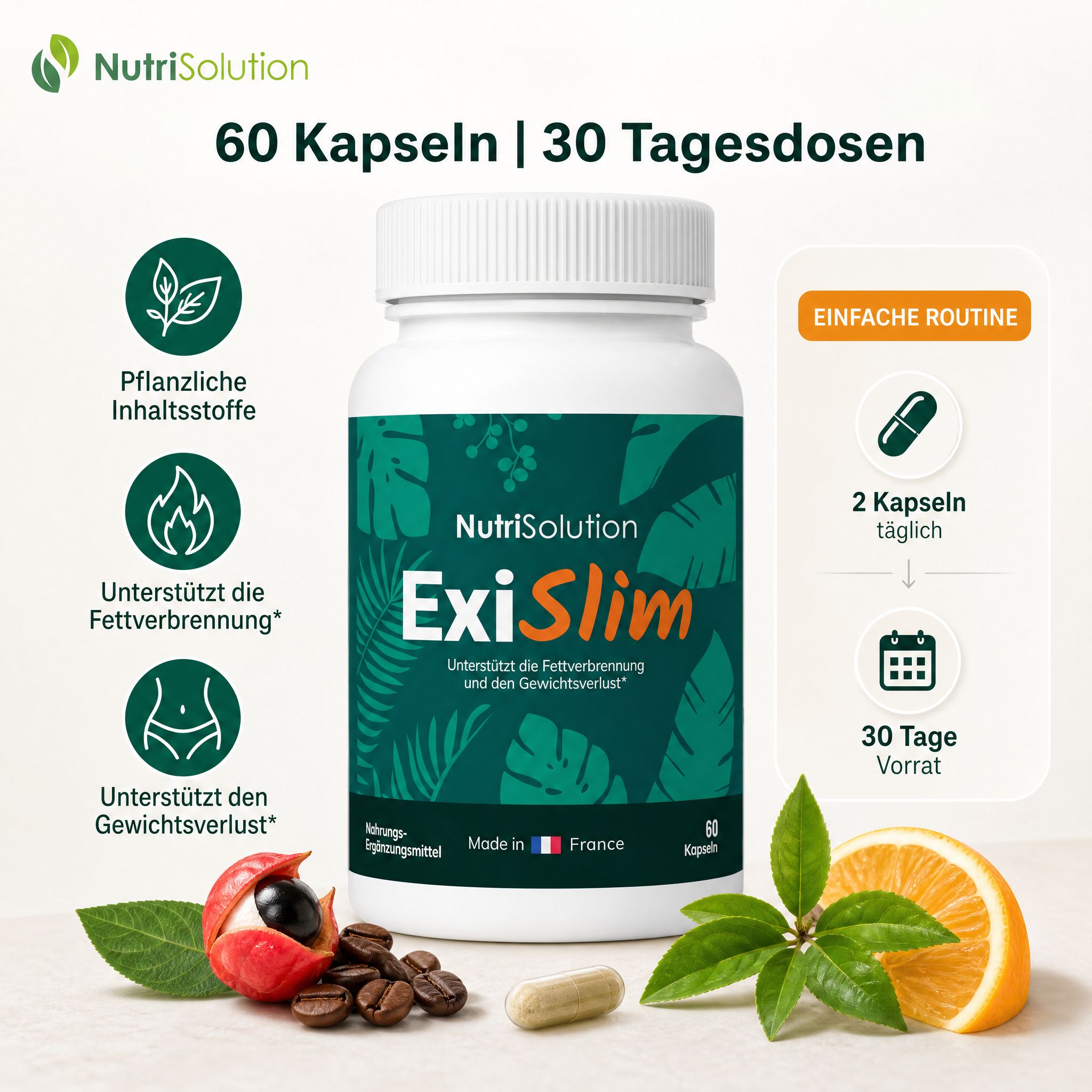 NutriSolution ExiSlim Flasche mit Informationen zur einfachen Routine.