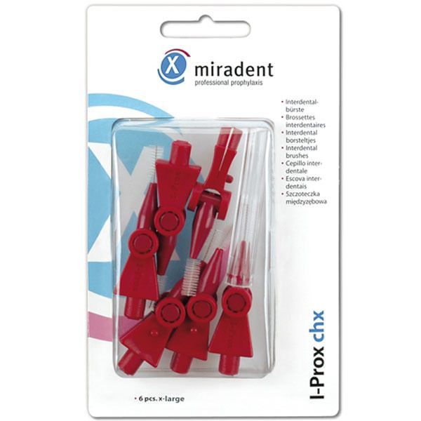 Packung mit roten Interdentalbürsten. Sechs Stück, x-large. Marke miradent, I-Prox chx.