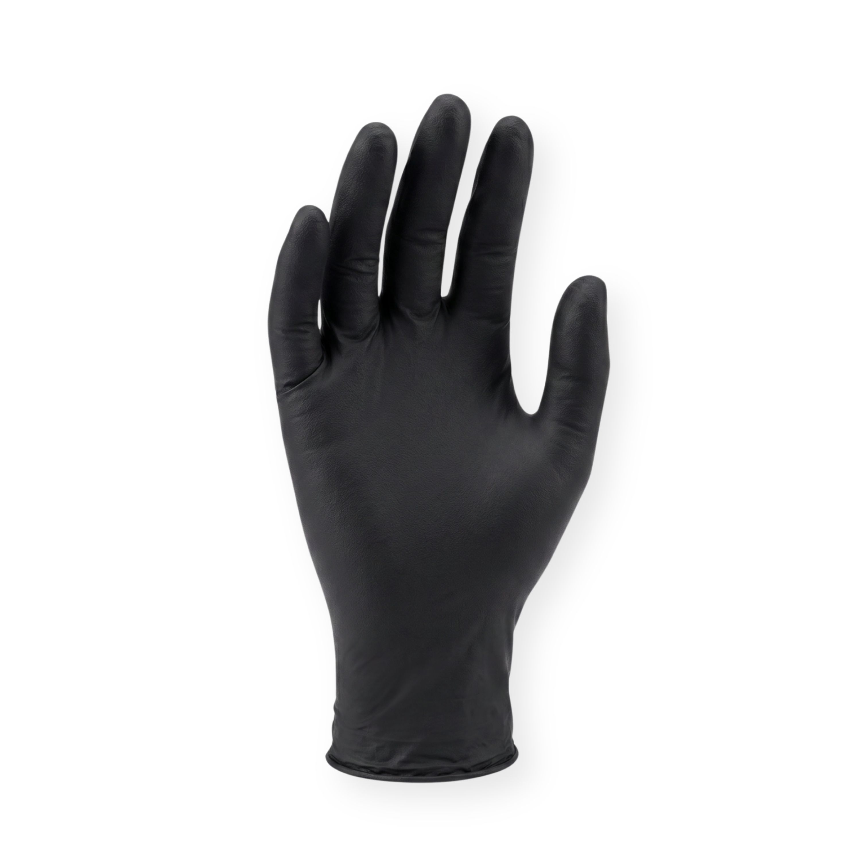 Ein einzelner schwarzer Nitril-Einmalhandschuh auf weißem Hintergrund.