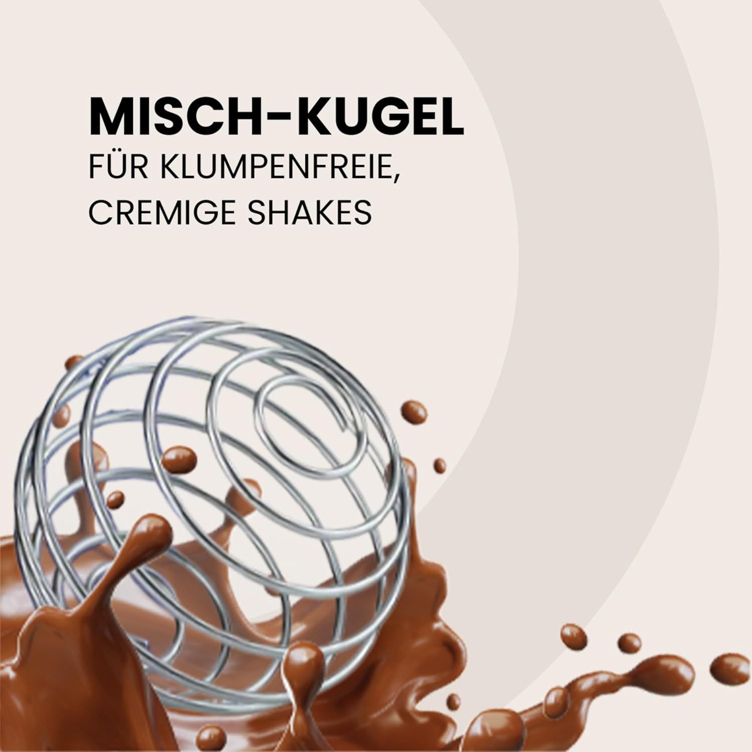Metall-Mischkugel in Schokoladenflüssigkeit. Beschriftung: Misch-Kugel für cremige Shakes.