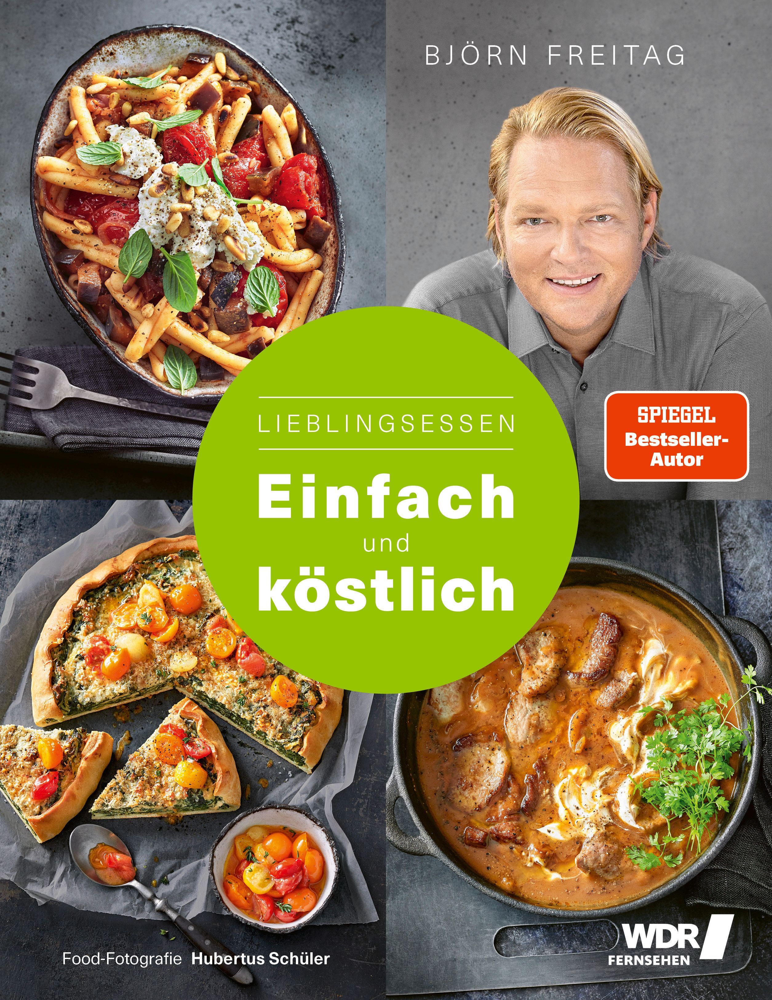 Buchcover mit Koch Björn Freitag und Gerichten. Titel: Einfach und köstlich. Auszeichnung: Spiegel Bestseller-Autor.