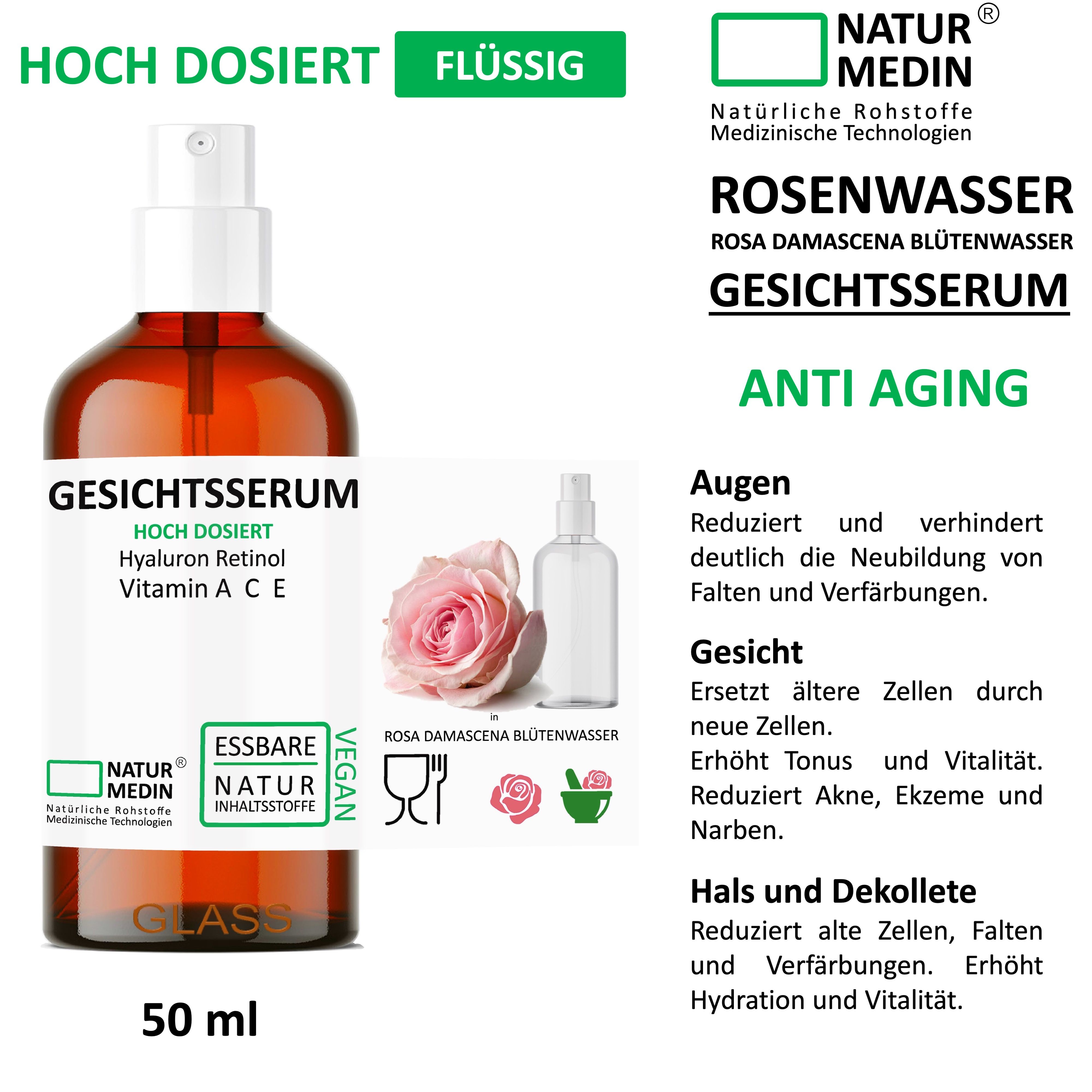 Braune Glasflasche mit Sprühkopf. Beschriftung: Gesichtsserum, Hyaluron, Vitamin A C E. 50 ml. Vegan-Siegel.