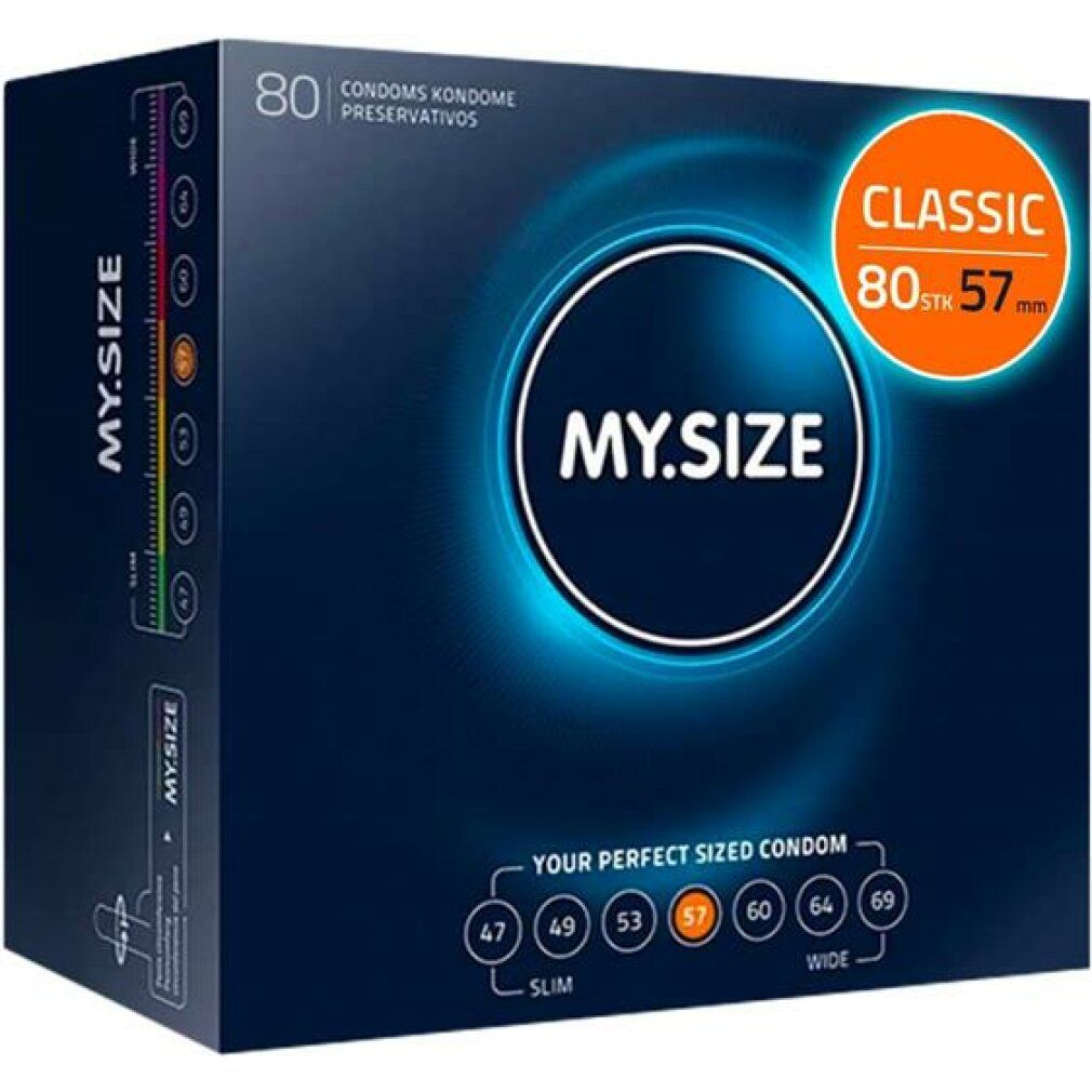 Dunkelblaue Verpackung mit "MY.SIZE PRO" Logo. Enthält 80 Kondome. Größenangaben von 47 bis 69 mm. Aufdruck "CLASSIC 80 stk 57 mm".