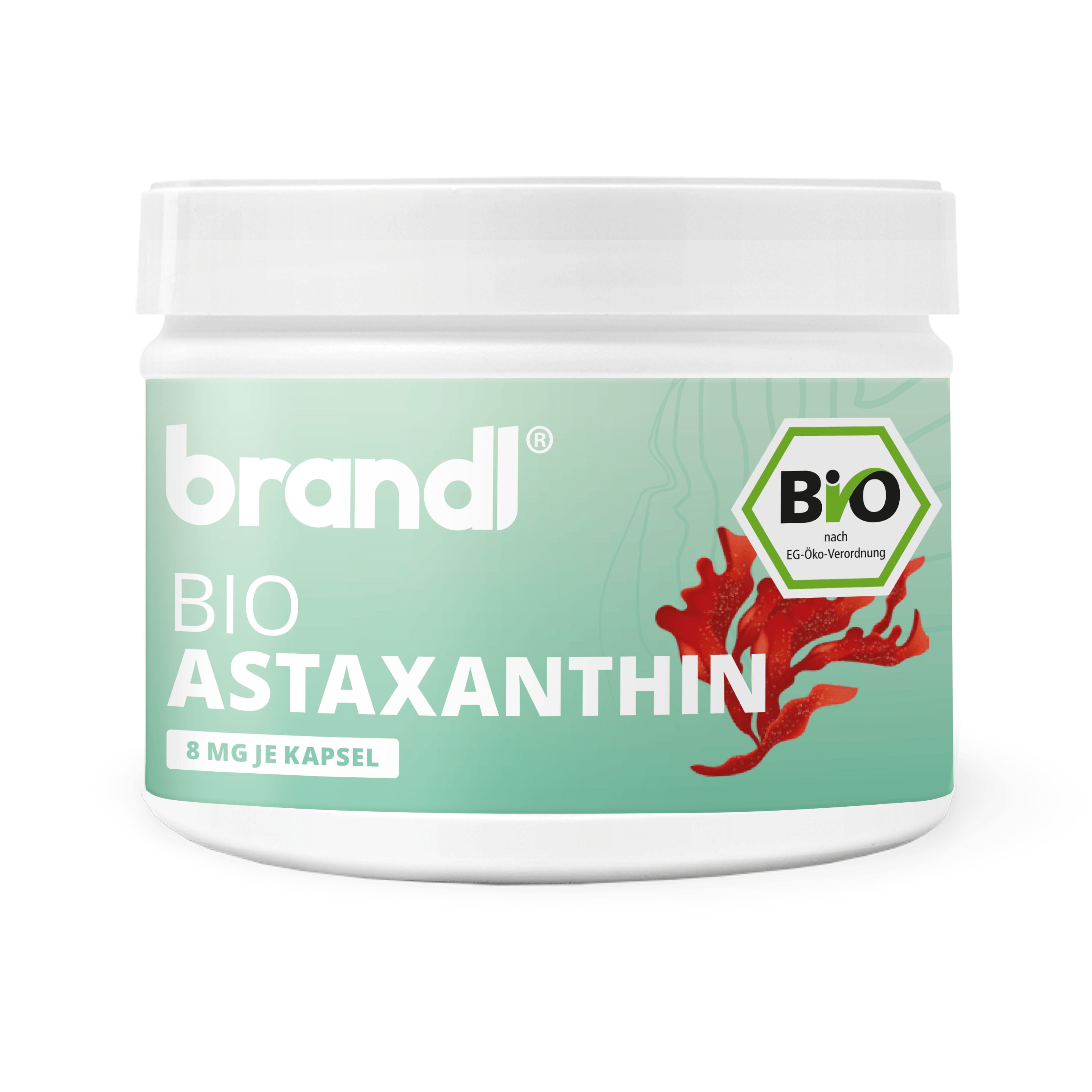Weißes Produktglas mit grünem Etikett. Aufschrift: brandl® BIO Astaxanthin, 8 mg je Kapsel. BIO-Siegel.