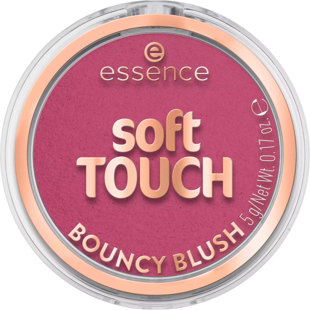 Runder Rouge-Behälter mit rosa Inhalt. Aufschrift: Soft Touch Bouncy Blush. Marke: essence.