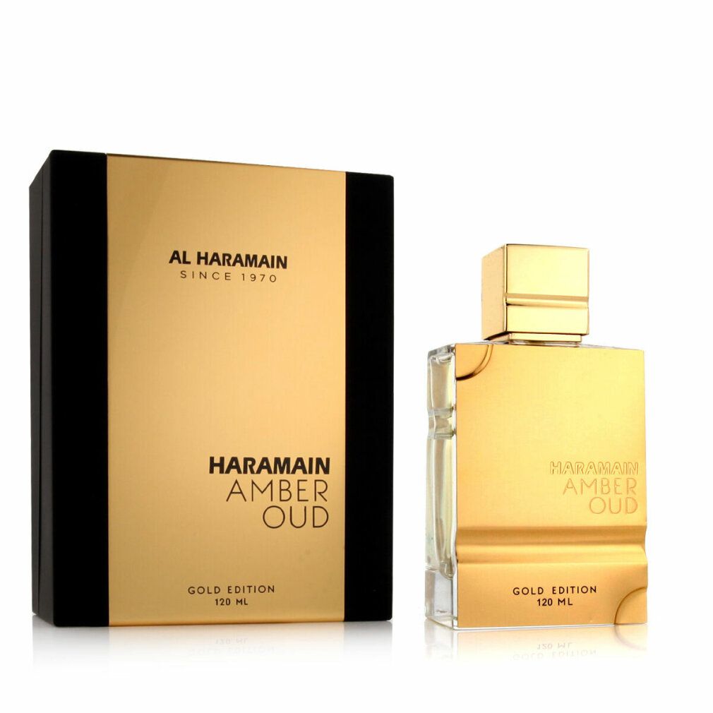 Goldfarbene Parfumflasche und -verpackung. Aufschrift: Al Haramain, Amber Oud Gold Edition, 120 ml.