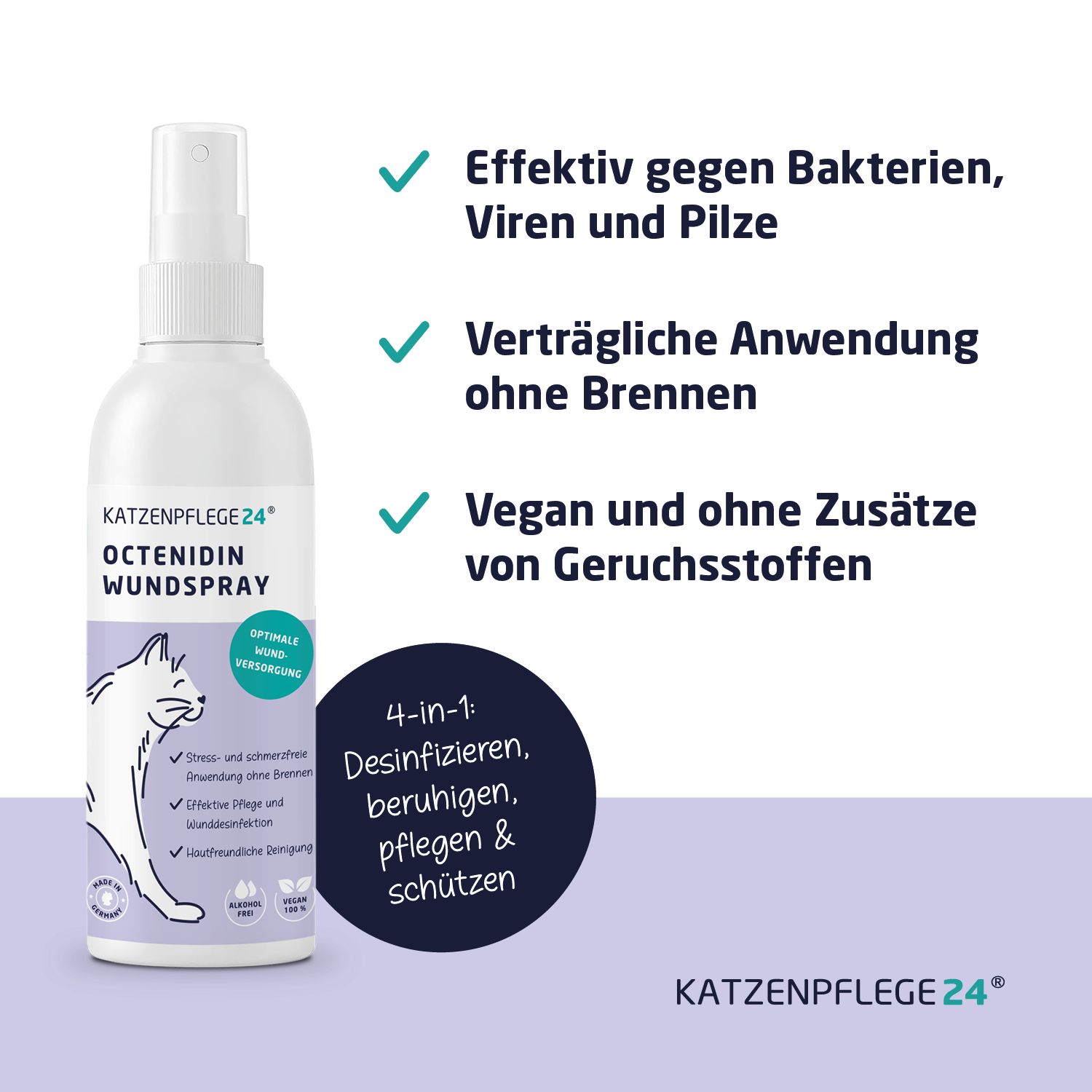 Produktflasche mit Text und grünen Häkchen. Text: Wirkt gegen Bakterien, Viren und Pilze, ohne Brennen, vegan.